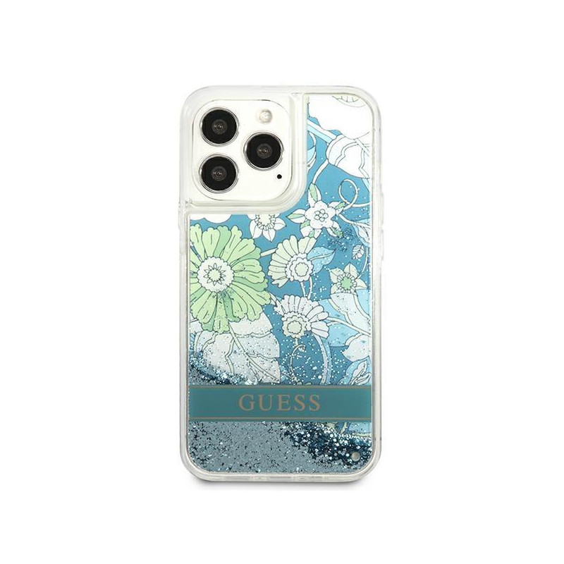 Guess Flower Liquid Glitter dėklas, skirtas iPhone 13 Pro Max - žalias