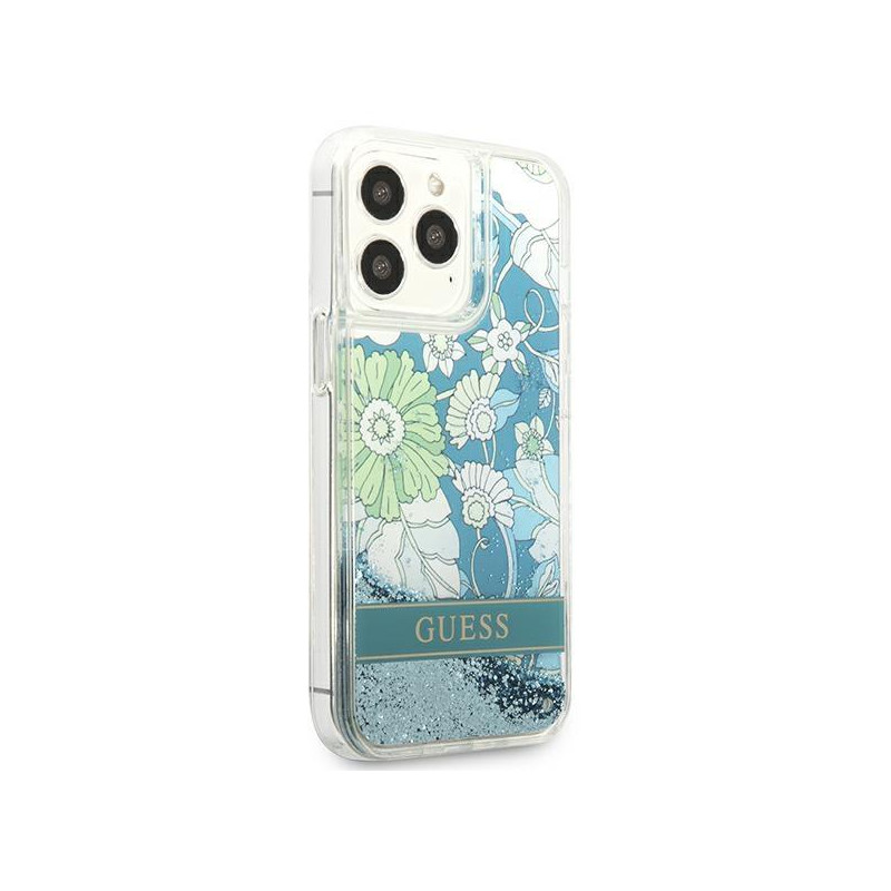 Guess Flower Liquid Glitter dėklas, skirtas iPhone 13 Pro Max - žalias