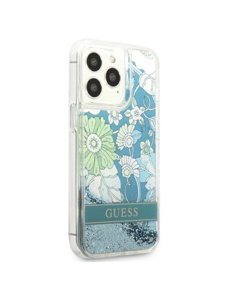 Guess Flower Liquid Glitter dėklas, skirtas iPhone 13 Pro Max - žalias Guess Flower Liquid Glitter dėklas, skirtas iPhone 13 Pro Max - žalias