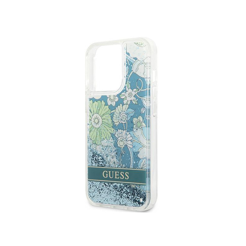 Guess Flower Liquid Glitter dėklas, skirtas iPhone 13 Pro Max - žalias