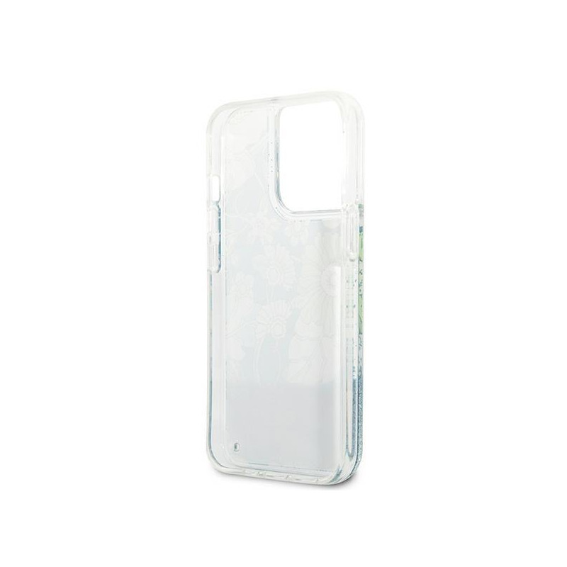 Guess Flower Liquid Glitter dėklas, skirtas iPhone 13 Pro Max - žalias