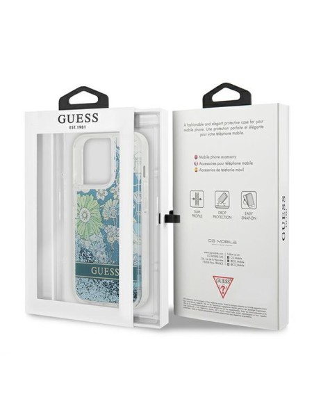 Guess Flower Liquid Glitter dėklas, skirtas iPhone 13 Pro Max - žalias Guess Flower Liquid Glitter dėklas, skirtas iPhone 13 Pro Max - žalias