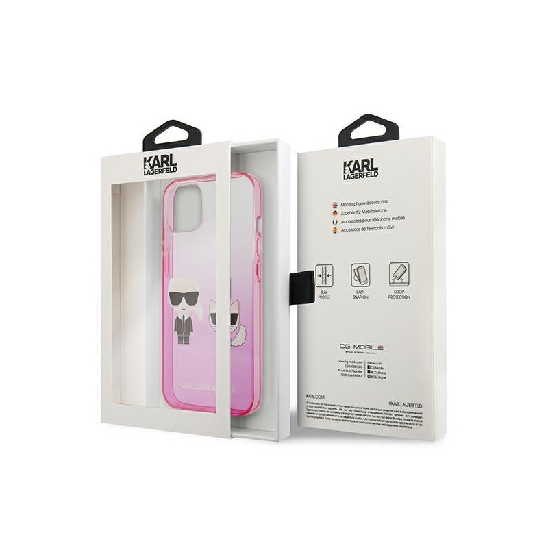 Karl Lagerfeld Gradient Ikonik Karl&Choupette dėklas iPhone 13 mini - rožinis