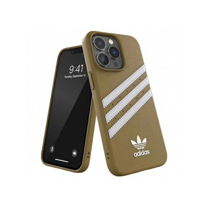 Adidas OR Molded Case PU, skirtas iPhone 13 Pro / iPhone 13 - smėlio ir aukso spalvos