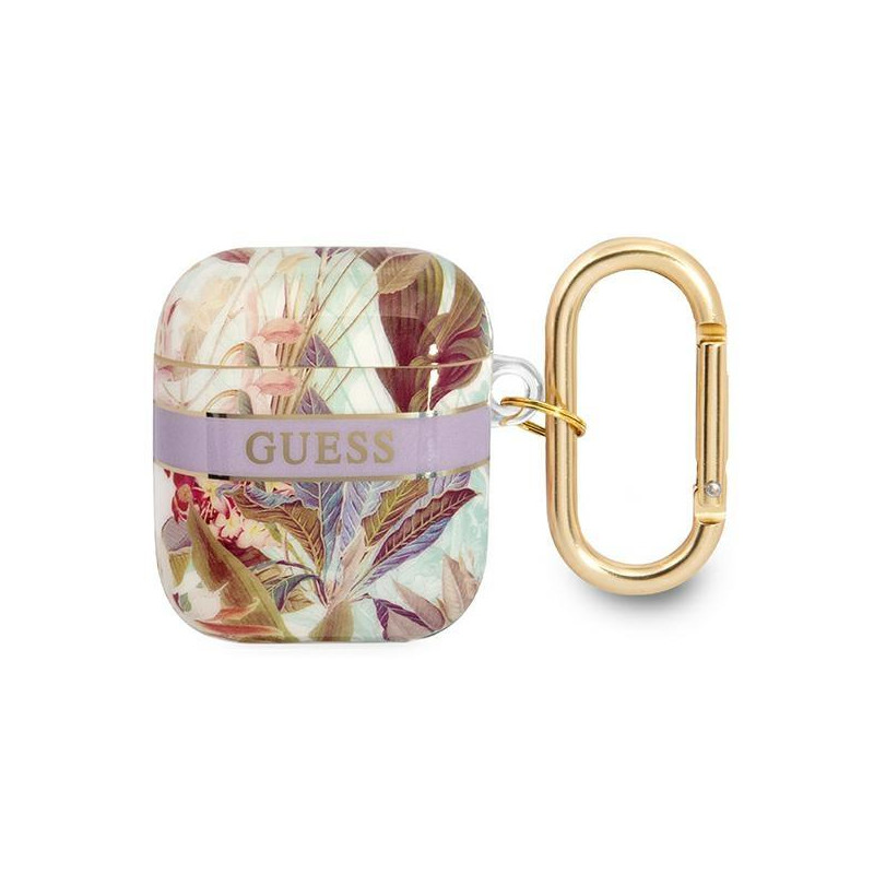 Guess Flower Strap Collection dėklas, skirtas AirPods 1/ 2 – violetinis Guess Flower Strap Collection dėklas, skirtas AirPods 1/ 2 – violetinis