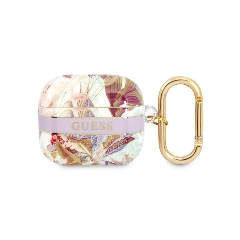 Guess Flower Strap Collection dėklas, skirtas AirPods 3 dangteliui – violetinis Guess Flower Strap Collection dėklas, skirtas AirPods 3 dangteliui – violetinis