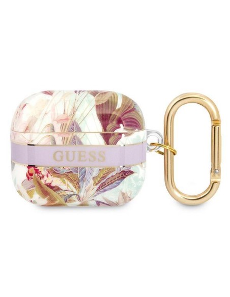 Guess Flower Strap Collection dėklas, skirtas AirPods 3 dangteliui – violetinis Guess Flower Strap Collection dėklas, skirtas AirPods 3 dangteliui – violetinis