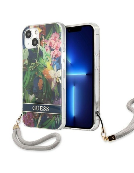 Guess Flower Strap dėklas iPhone 13 - mėlynas Guess Flower Strap dėklas iPhone 13 - mėlynas
