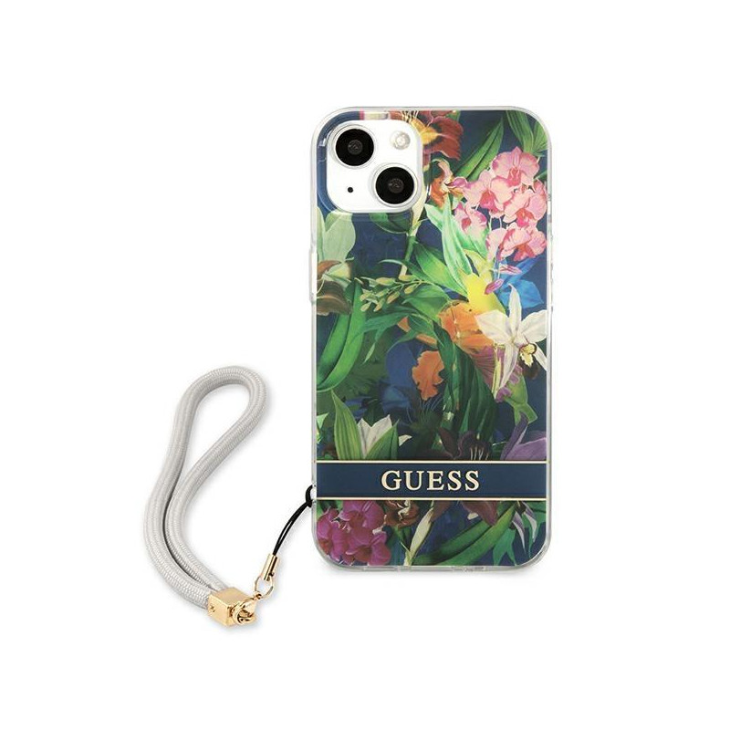 Guess Flower Strap dėklas iPhone 13 - mėlynas