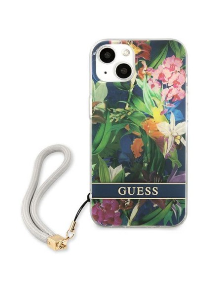 Guess Flower Strap dėklas iPhone 13 - mėlynas Guess Flower Strap dėklas iPhone 13 - mėlynas