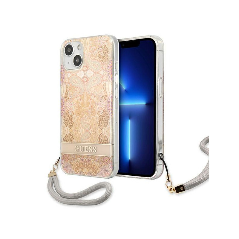 Guess Flower Strap dėklas iPhone 13 mini - auksinis Guess Flower Strap dėklas iPhone 13 mini - auksinis