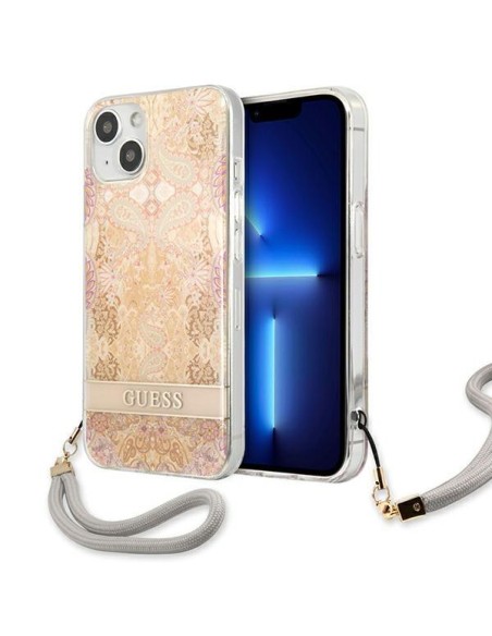 Guess Flower Strap dėklas iPhone 13 mini - auksinis Guess Flower Strap dėklas iPhone 13 mini - auksinis