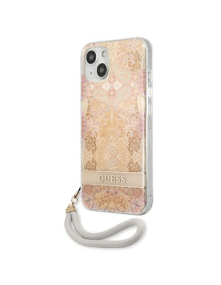 Guess Flower Strap dėklas iPhone 13 mini - auksinis Guess Flower Strap dėklas iPhone 13 mini - auksinis