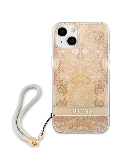 Guess Flower Strap dėklas iPhone 13 mini - auksinis Guess Flower Strap dėklas iPhone 13 mini - auksinis