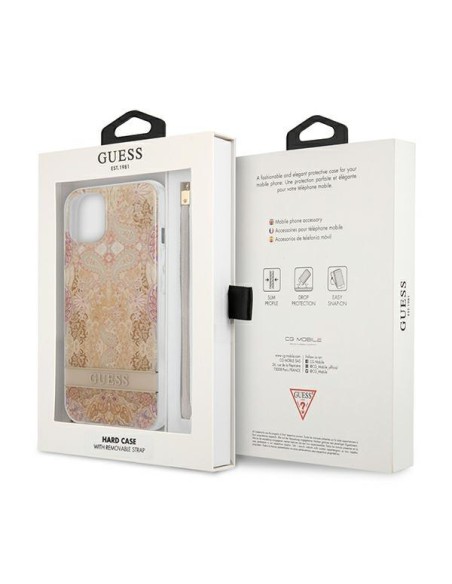 Guess Flower Strap dėklas iPhone 13 mini - auksinis Guess Flower Strap dėklas iPhone 13 mini - auksinis