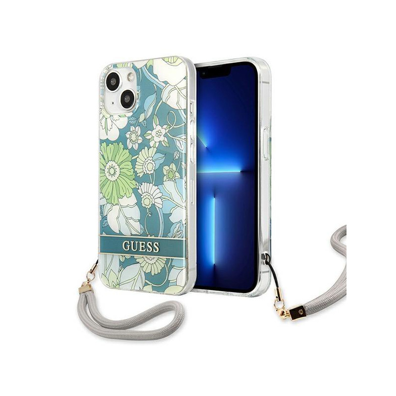 Guess Flower Strap dėklas iPhone 13 mini - žalias Guess Flower Strap dėklas iPhone 13 mini - žalias