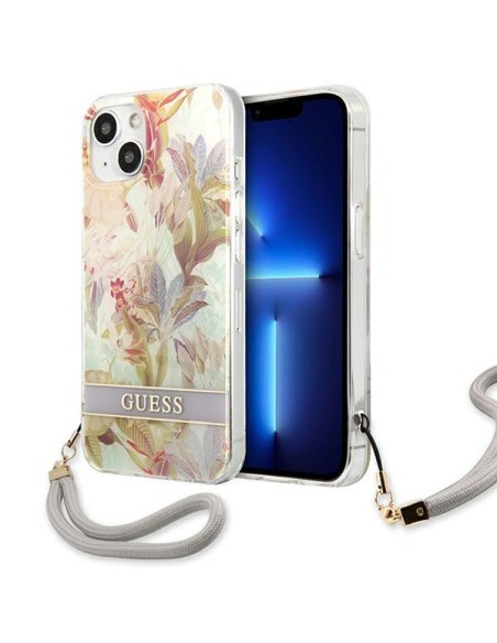 Guess Flower Strap dėklas iPhone 13 mini - violetinis Guess Flower Strap dėklas iPhone 13 mini - violetinis