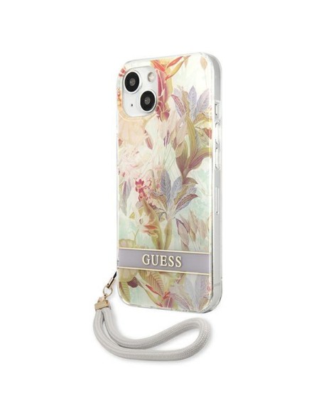 Guess Flower Strap dėklas iPhone 13 mini - violetinis Guess Flower Strap dėklas iPhone 13 mini - violetinis