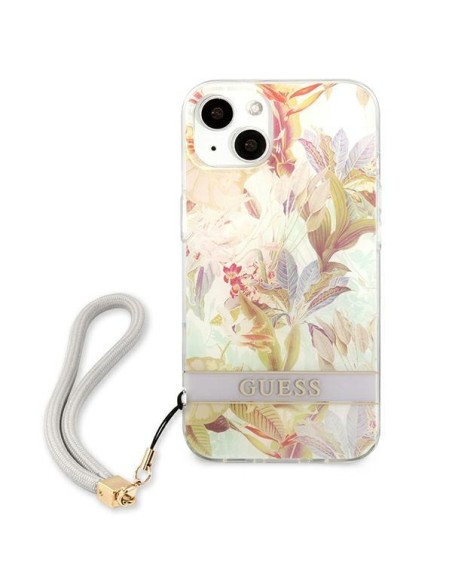 Guess Flower Strap dėklas iPhone 13 mini - violetinis Guess Flower Strap dėklas iPhone 13 mini - violetinis