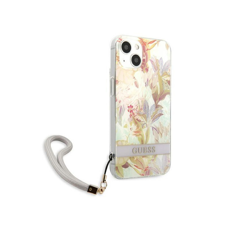 Guess Flower Strap dėklas iPhone 13 mini - violetinis