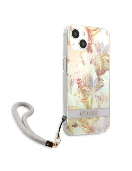 Guess Flower Strap dėklas iPhone 13 mini - violetinis Guess Flower Strap dėklas iPhone 13 mini - violetinis