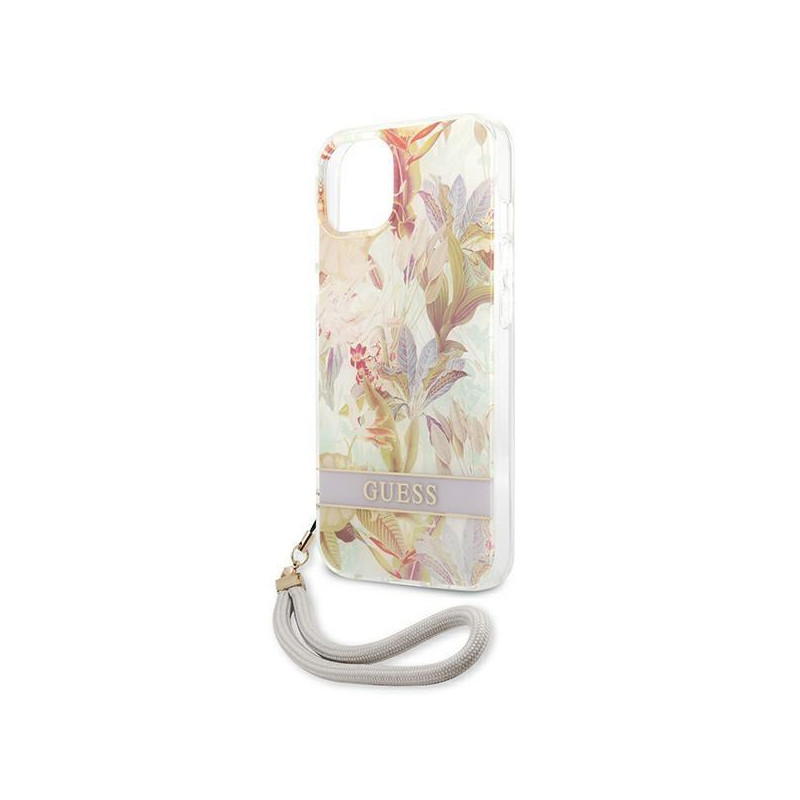 Guess Flower Strap dėklas iPhone 13 mini - violetinis