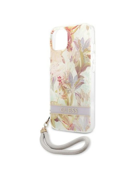 Guess Flower Strap dėklas iPhone 13 mini - violetinis Guess Flower Strap dėklas iPhone 13 mini - violetinis