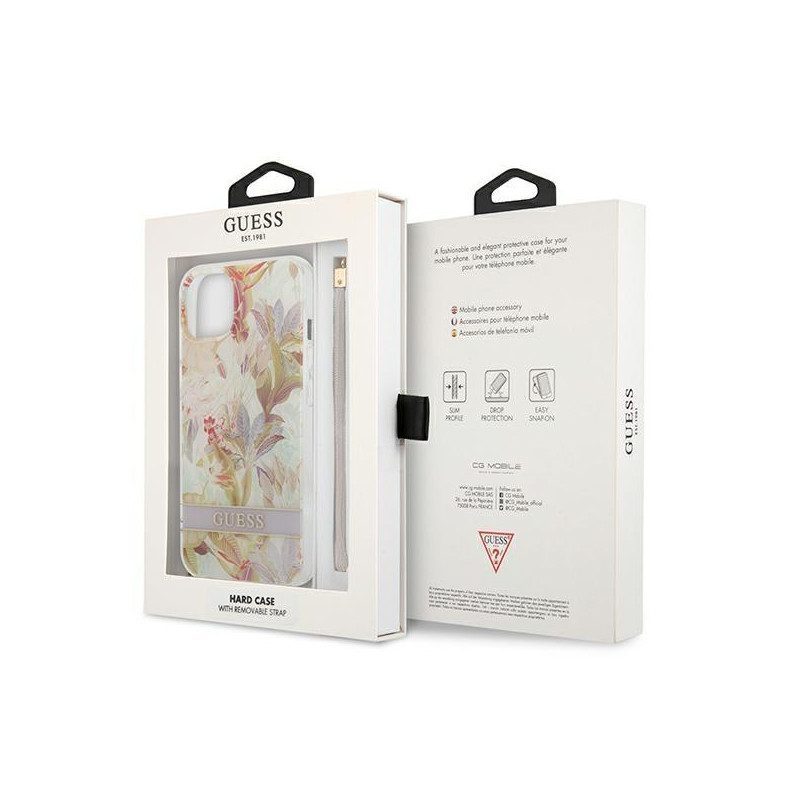Guess Flower Strap dėklas iPhone 13 mini - violetinis