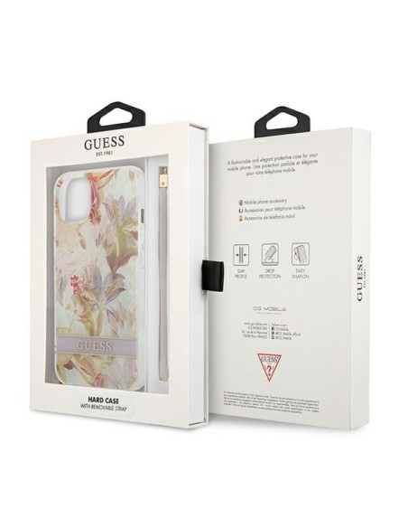 Guess Flower Strap dėklas iPhone 13 mini - violetinis Guess Flower Strap dėklas iPhone 13 mini - violetinis