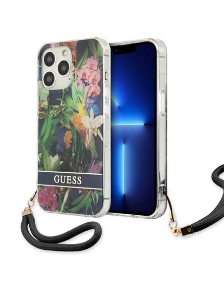 Guess Flower Strap dėklas, skirtas iPhone 13 Pro Max - mėlynas Guess Flower Strap dėklas, skirtas iPhone 13 Pro Max - mėlynas