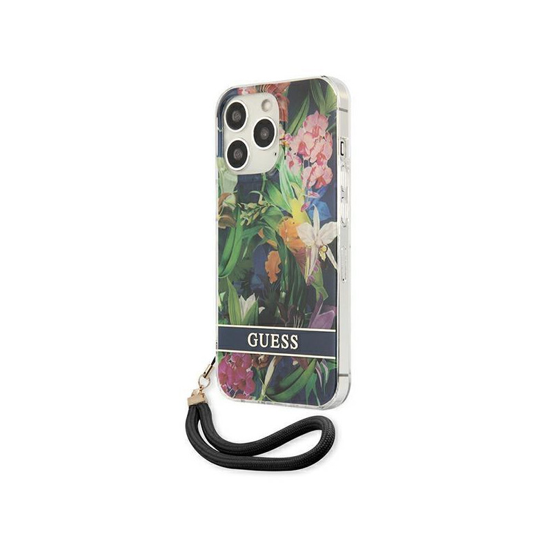 Guess Flower Strap dėklas, skirtas iPhone 13 Pro Max - mėlynas