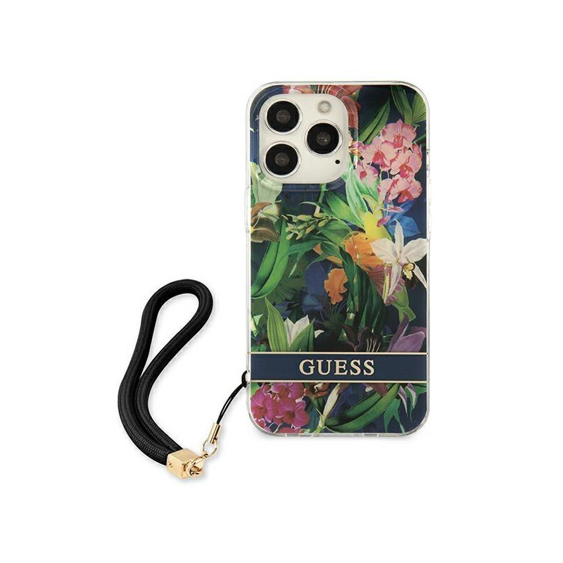Guess Flower Strap dėklas, skirtas iPhone 13 Pro Max - mėlynas