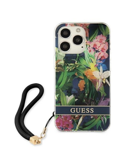 Guess Flower Strap dėklas, skirtas iPhone 13 Pro Max - mėlynas Guess Flower Strap dėklas, skirtas iPhone 13 Pro Max - mėlynas