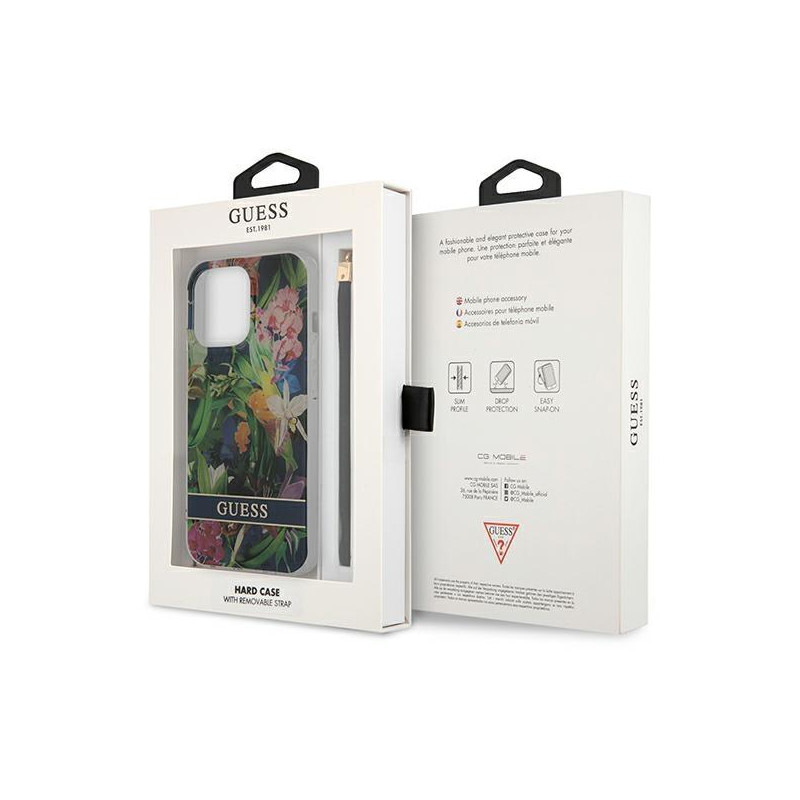 Guess Flower Strap dėklas, skirtas iPhone 13 Pro Max - mėlynas