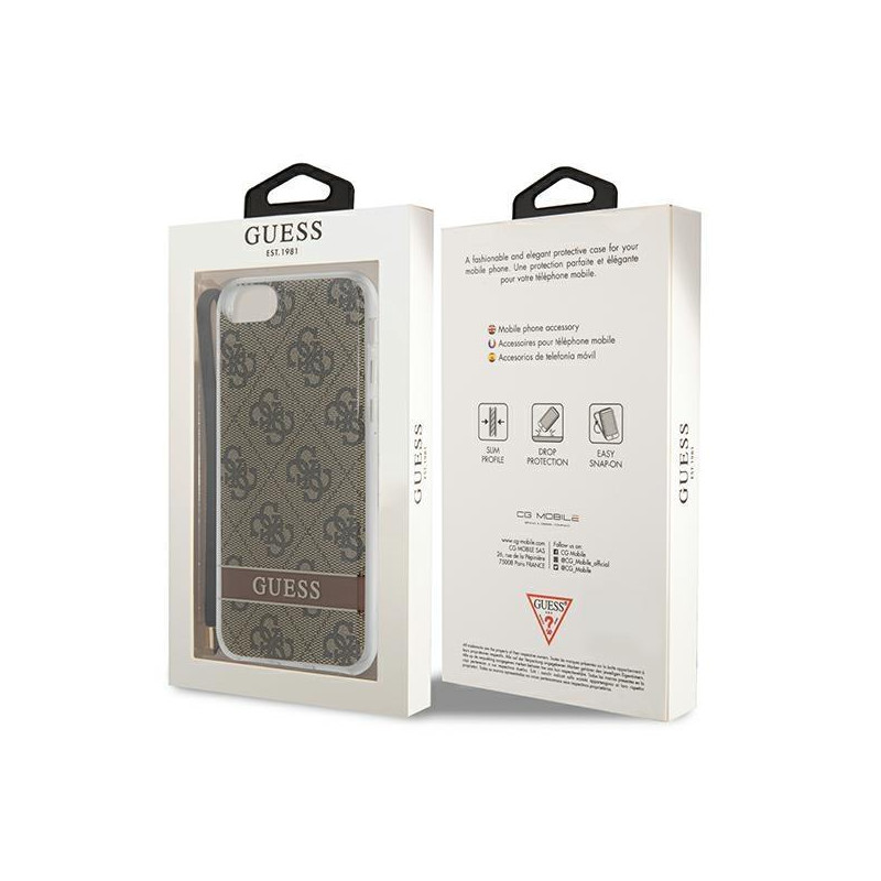 Guess 4G Print Strap dėklas, skirtas iPhone SE 2022 / SE 2020 / 7 / 8 - ruda