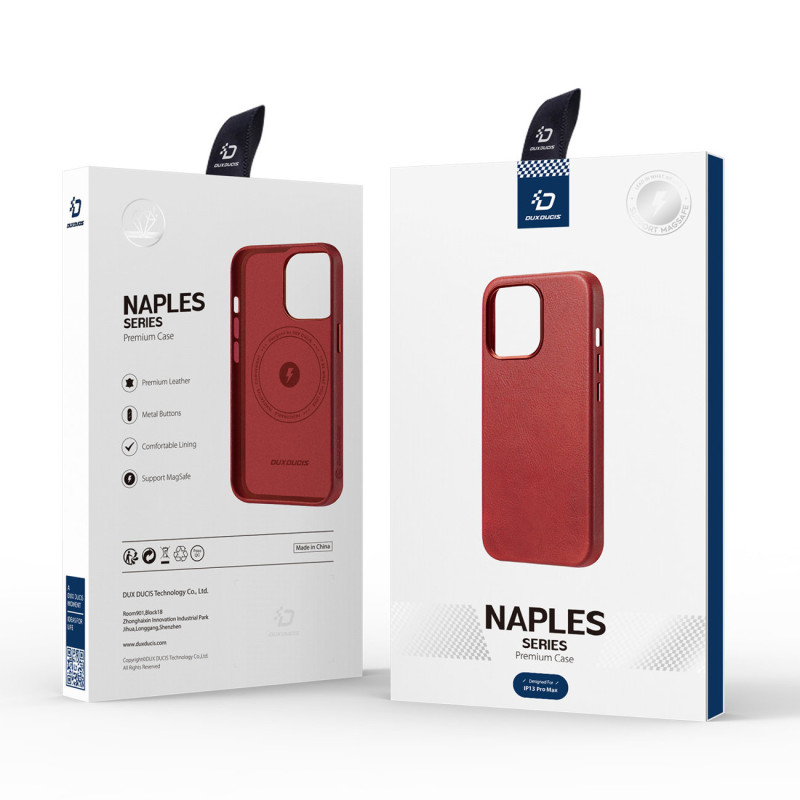 „Dux Ducis Naples“ dėklas, skirtas „iPhone 13 Pro Max“, odinis dangtelis (suderinamas su „MagSafe“) raudonas