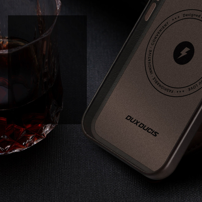 Dux Ducis Naples dėklas, skirtas iPhone 13 Pro Max odinis dangtelis (suderinamas su MagSafe) Tamsiai ruda