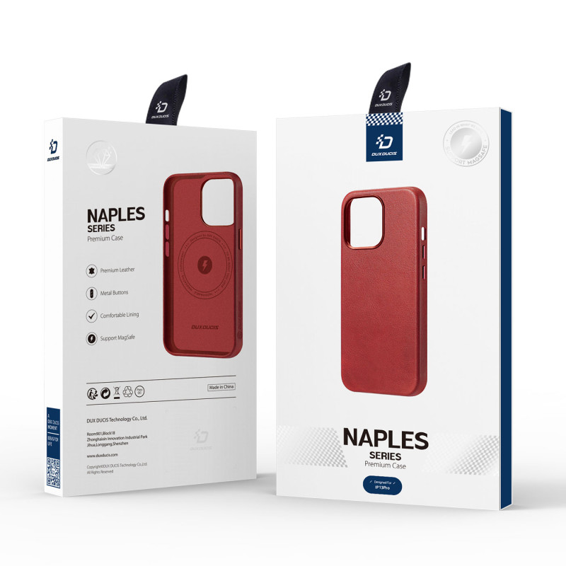 „Dux Ducis Naples“ dėklas, skirtas „iPhone 13 Pro“, odinis dangtelis (suderinamas su „MagSafe“) raudonas