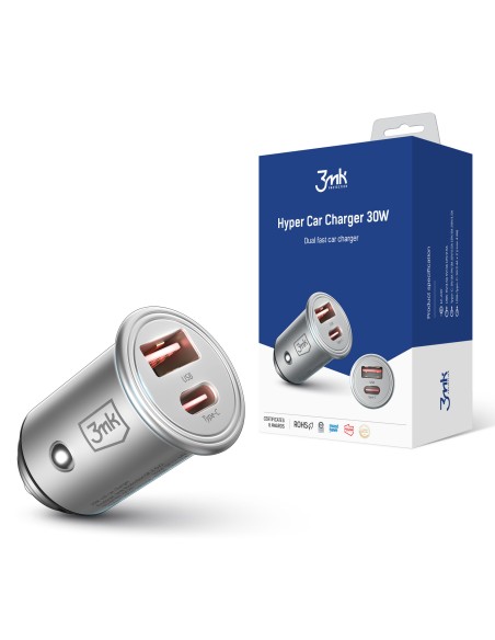 3mk Hyper Car Charger 30W USB-C USB-A automobilinis įkroviklis – sidabrinis 3mk Hyper Car Charger 30W USB-C USB-A automobilinis įkroviklis – sidabrinis