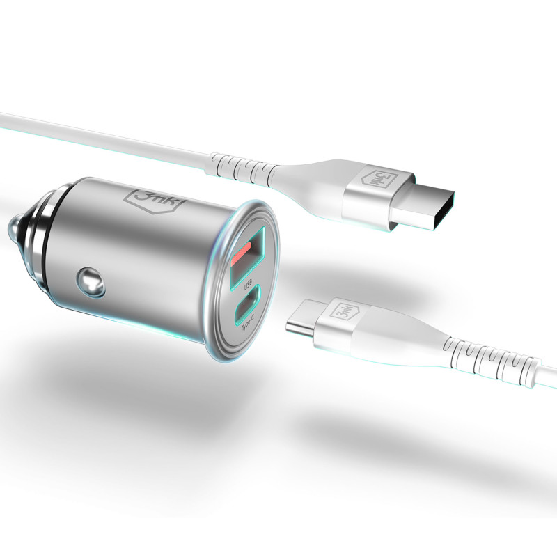 3mk Hyper Car Charger 30W USB-C USB-A automobilinis įkroviklis – sidabrinis