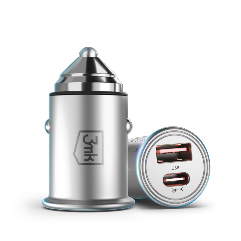 3mk Hyper Car Charger 30W USB-C USB-A automobilinis įkroviklis – sidabrinis