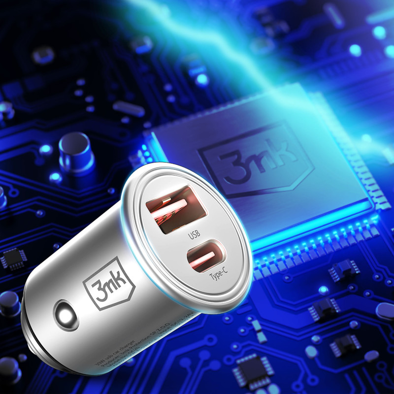 3mk Hyper Car Charger 30W USB-C USB-A automobilinis įkroviklis – sidabrinis