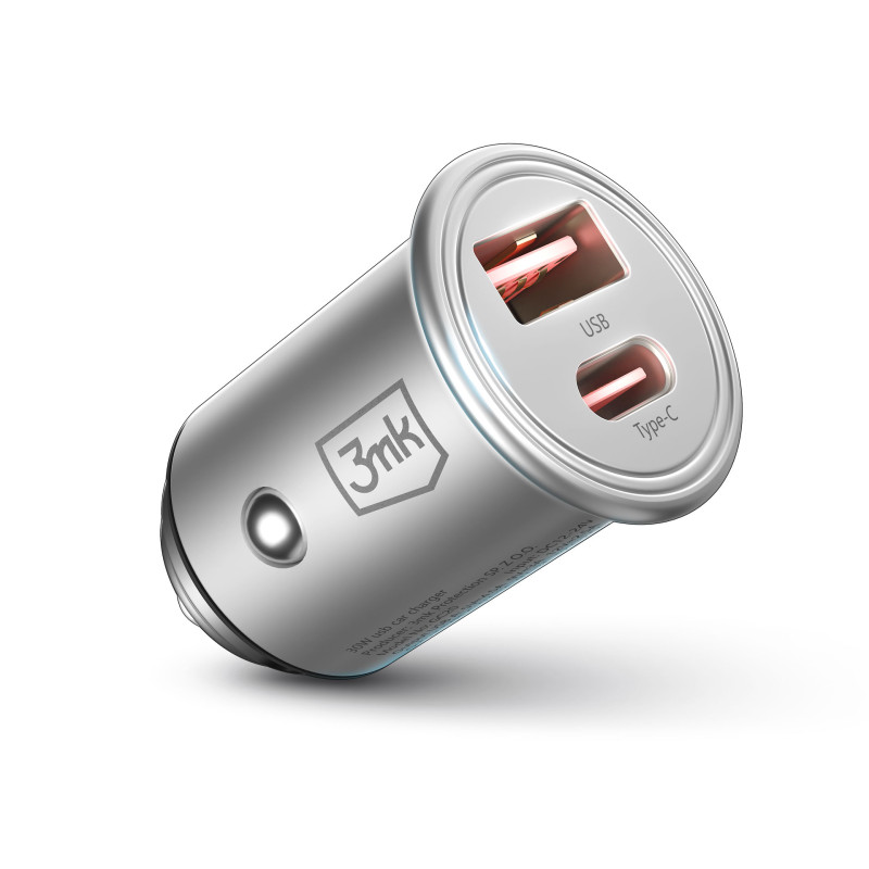 3mk Hyper Car Charger 30W USB-C USB-A automobilinis įkroviklis – sidabrinis