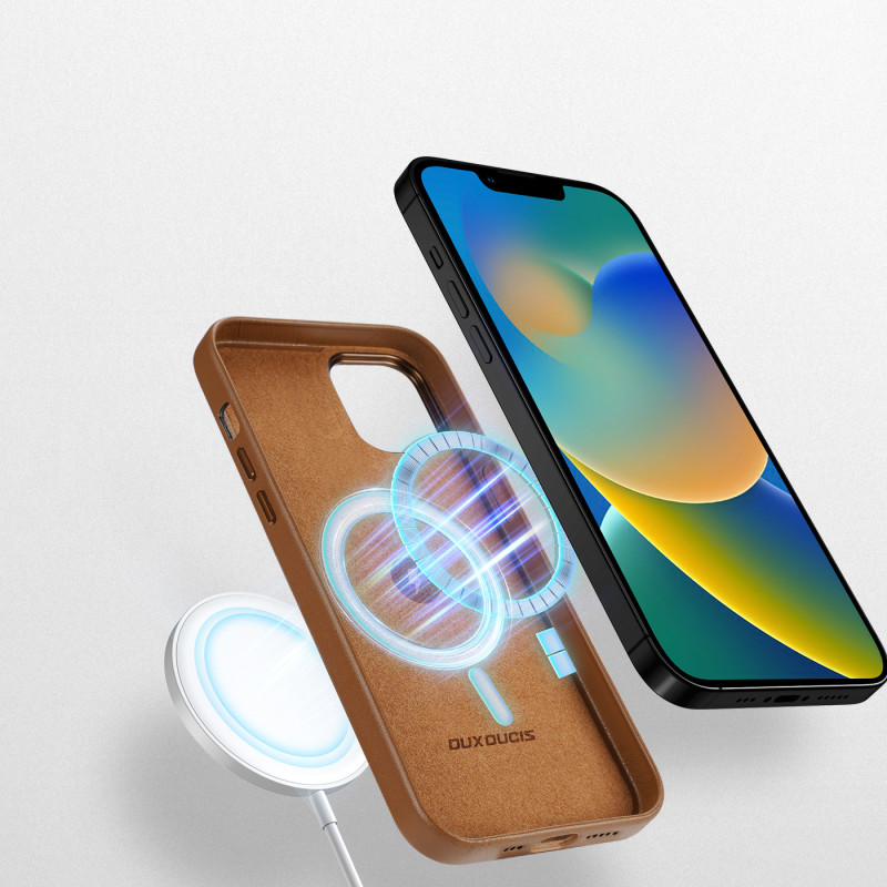 Dux Ducis Grit odinis dėklas, skirtas iPhone 14 elegantiškas dirbtinės odos dangtelis (suderinamas su MagSafe) Rudas