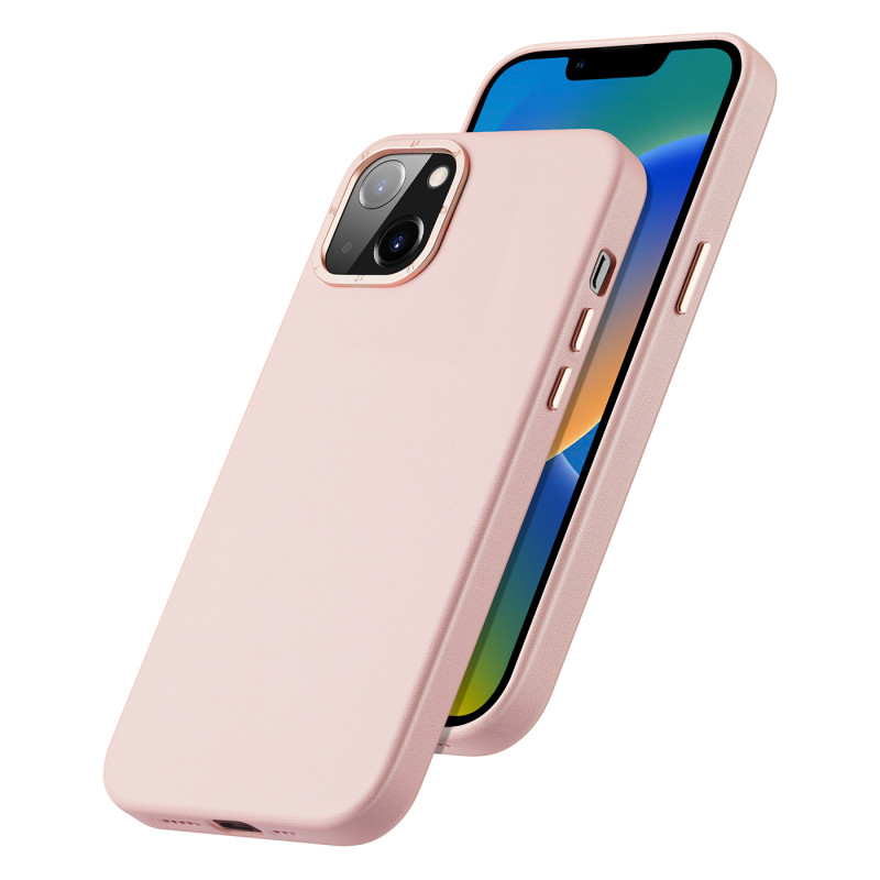 „Dux Ducis Grit“ odinis dėklas, skirtas „iPhone 14“ elegantiškas dirbtinės odos dangtelis (suderinamas su „MagSafe“) rož...