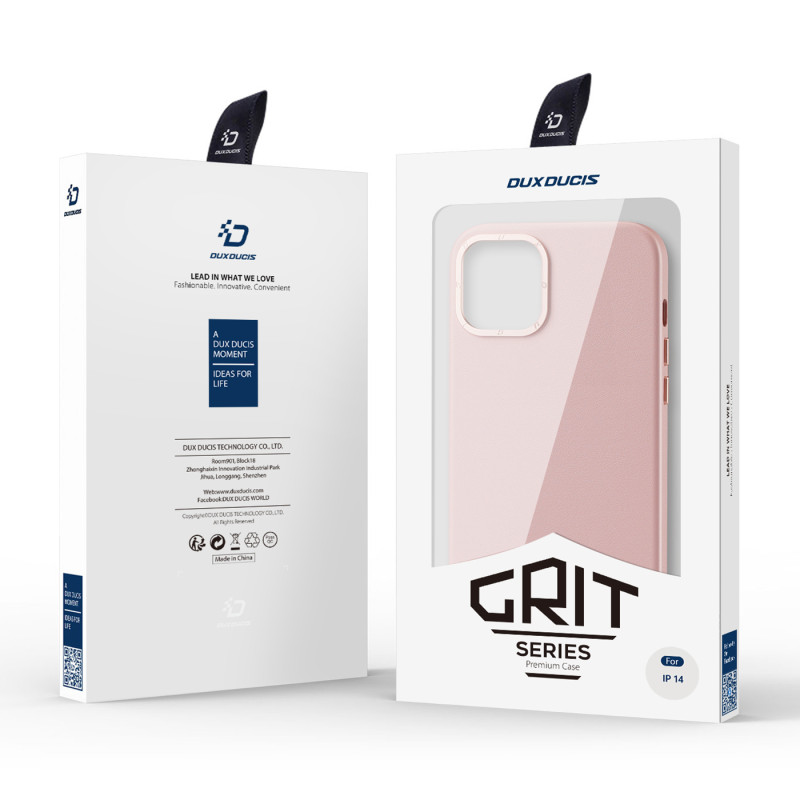„Dux Ducis Grit“ odinis dėklas, skirtas „iPhone 14“ elegantiškas dirbtinės odos dangtelis (suderinamas su „MagSafe“) rož...