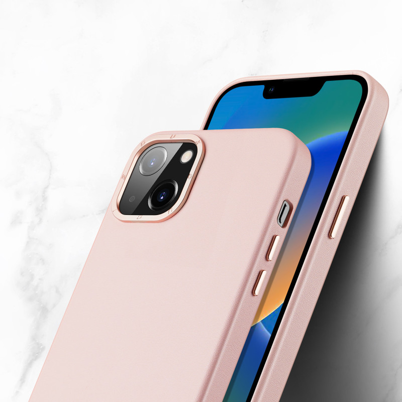 „Dux Ducis Grit“ odinis dėklas, skirtas „iPhone 14“ elegantiškas dirbtinės odos dangtelis (suderinamas su „MagSafe“) rož...