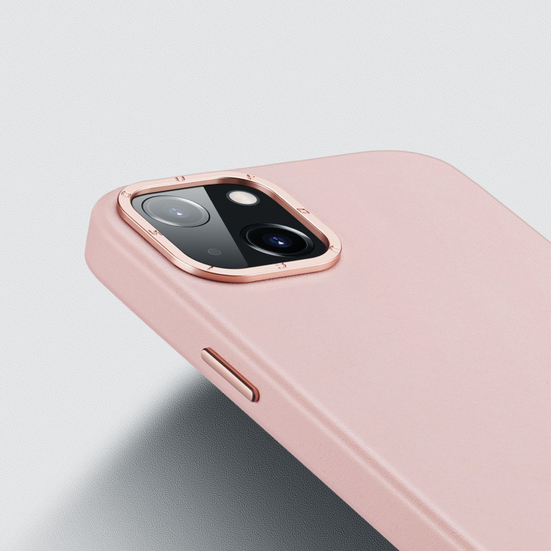 „Dux Ducis Grit“ odinis dėklas, skirtas „iPhone 14“ elegantiškas dirbtinės odos dangtelis (suderinamas su „MagSafe“) rož...