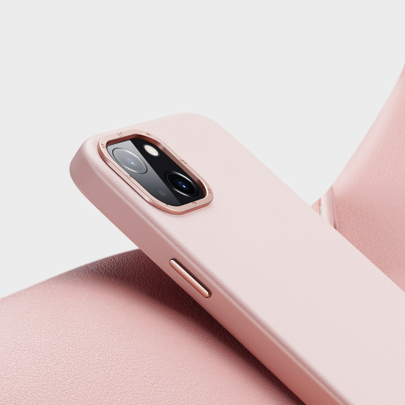 „Dux Ducis Grit“ odinis dėklas, skirtas „iPhone 14“ elegantiškas dirbtinės odos dangtelis (suderinamas su „MagSafe“) rož...