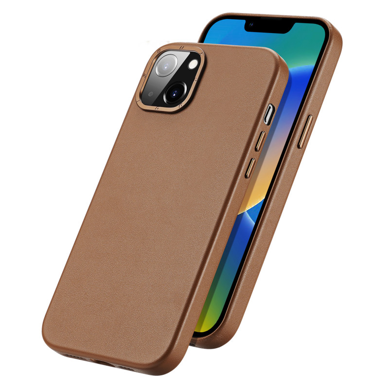 Dux Ducis Grit odinis dėklas, skirtas iPhone 14 Plus elegantiškas dirbtinės odos dangtelis (suderinamas su MagSafe) Ruda...